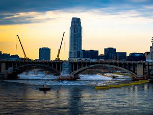 Preview wallpaper tower, building, construction, bridge, river