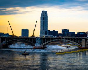Preview wallpaper tower, building, construction, bridge, river