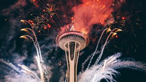 Preview wallpaper tower, building, fireworks, holiday