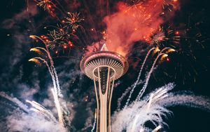 Preview wallpaper tower, building, fireworks, holiday