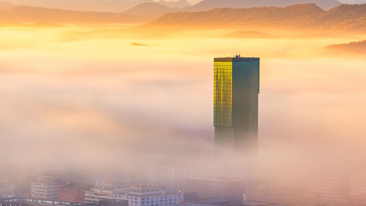 Wallpaper tower, building, fog, mountains, valley