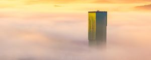 Preview wallpaper tower, building, fog, mountains, valley