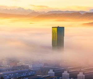 Preview wallpaper tower, building, fog, mountains, valley