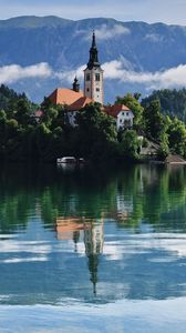 Preview wallpaper tower, building, lake, reflection, mountains