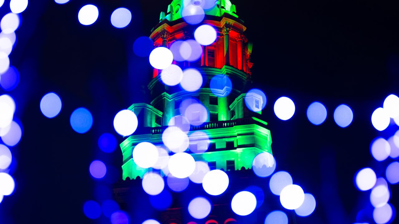 Wallpaper tower, building, lights, illumination, blur, new year, holiday