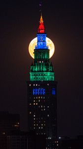 Preview wallpaper tower, building, moon, backlight, night, dark