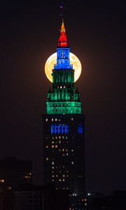 Preview wallpaper tower, building, moon, backlight, night, dark