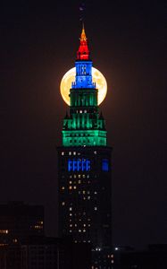 Preview wallpaper tower, building, moon, backlight, night, dark