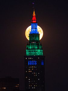 Preview wallpaper tower, building, moon, backlight, night, dark