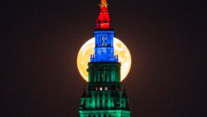 Preview wallpaper tower, building, moon, backlight, night, dark