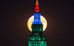 Preview wallpaper tower, building, moon, backlight, night, dark