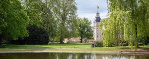 Preview wallpaper tower, building, pond, park