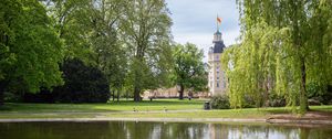 Preview wallpaper tower, building, pond, park