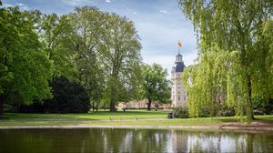 Preview wallpaper tower, building, pond, park