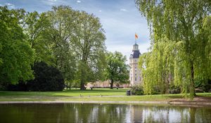 Preview wallpaper tower, building, pond, park