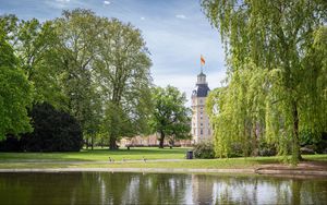 Preview wallpaper tower, building, pond, park