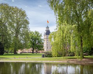 Preview wallpaper tower, building, pond, park