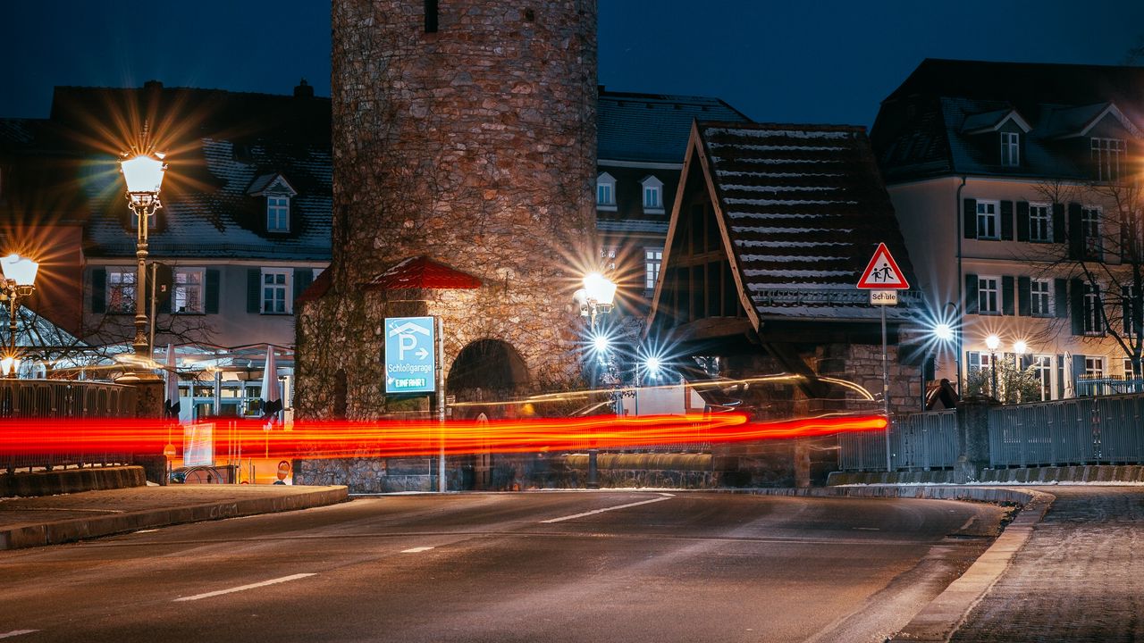 Wallpaper tower, building, road, city, old, night, long exposure