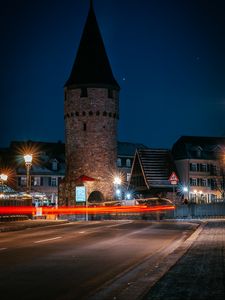 Preview wallpaper tower, building, road, city, old, night, long exposure