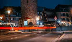 Preview wallpaper tower, building, road, city, old, night, long exposure