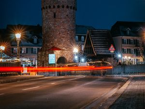 Preview wallpaper tower, building, road, city, old, night, long exposure