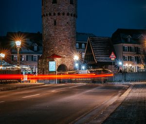 Preview wallpaper tower, building, road, city, old, night, long exposure