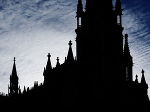 Preview wallpaper tower, building, silhouette, twilight, dark