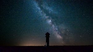 Preview wallpaper tower, building, silhouette, milky way, stars, night