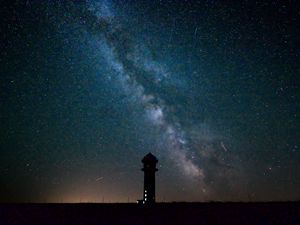 Preview wallpaper tower, building, silhouette, milky way, stars, night