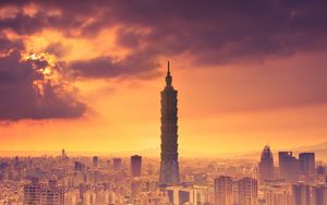 Preview wallpaper tower, building, taipei, taiwan, china, sky, clouds, sun ray