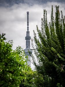Preview wallpaper tower, building, trees, leaves