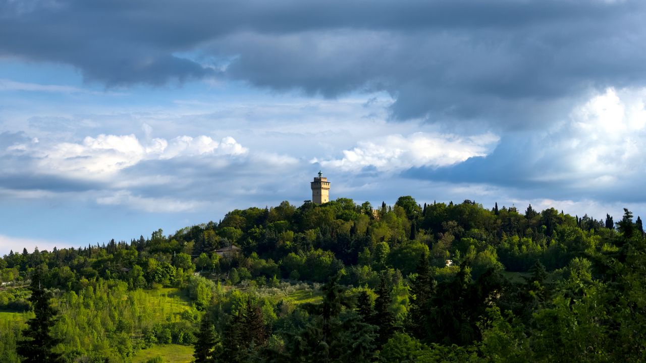 Wallpaper tower, building, trees, hill, nature