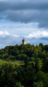 Preview wallpaper tower, building, trees, hill, nature