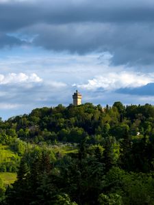Preview wallpaper tower, building, trees, hill, nature
