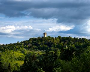 Preview wallpaper tower, building, trees, hill, nature