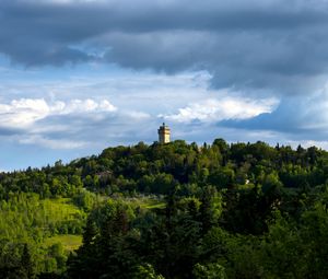 Preview wallpaper tower, building, trees, hill, nature