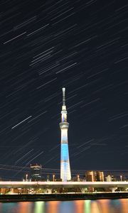 Preview wallpaper tower, buildings, architecture, night, city, long exposure