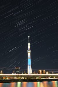 Preview wallpaper tower, buildings, architecture, night, city, long exposure