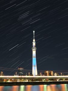 Preview wallpaper tower, buildings, architecture, night, city, long exposure