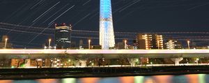 Preview wallpaper tower, buildings, architecture, night, city, long exposure