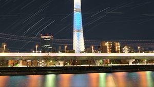 Preview wallpaper tower, buildings, architecture, night, city, long exposure