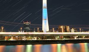 Preview wallpaper tower, buildings, architecture, night, city, long exposure