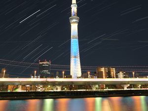 Preview wallpaper tower, buildings, architecture, night, city, long exposure