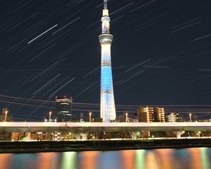 Preview wallpaper tower, buildings, architecture, night, city, long exposure