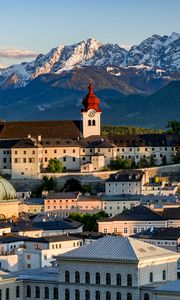 Preview wallpaper tower, buildings, architecture, roofs, houses, mountains