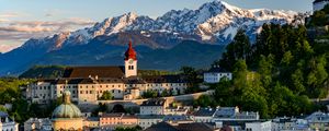 Preview wallpaper tower, buildings, architecture, roofs, houses, mountains
