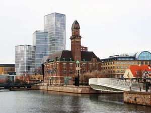 Preview wallpaper tower, buildings, architecture, embankment, river, bridge