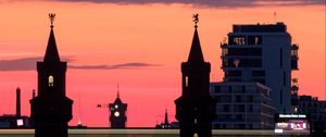 Preview wallpaper tower, buildings, bridge, river, evening
