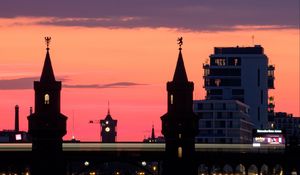 Preview wallpaper tower, buildings, bridge, river, evening