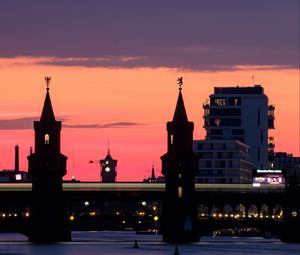 Preview wallpaper tower, buildings, bridge, river, evening